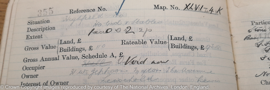 1910 Financial Act Fieldbook Entry for Highfield House